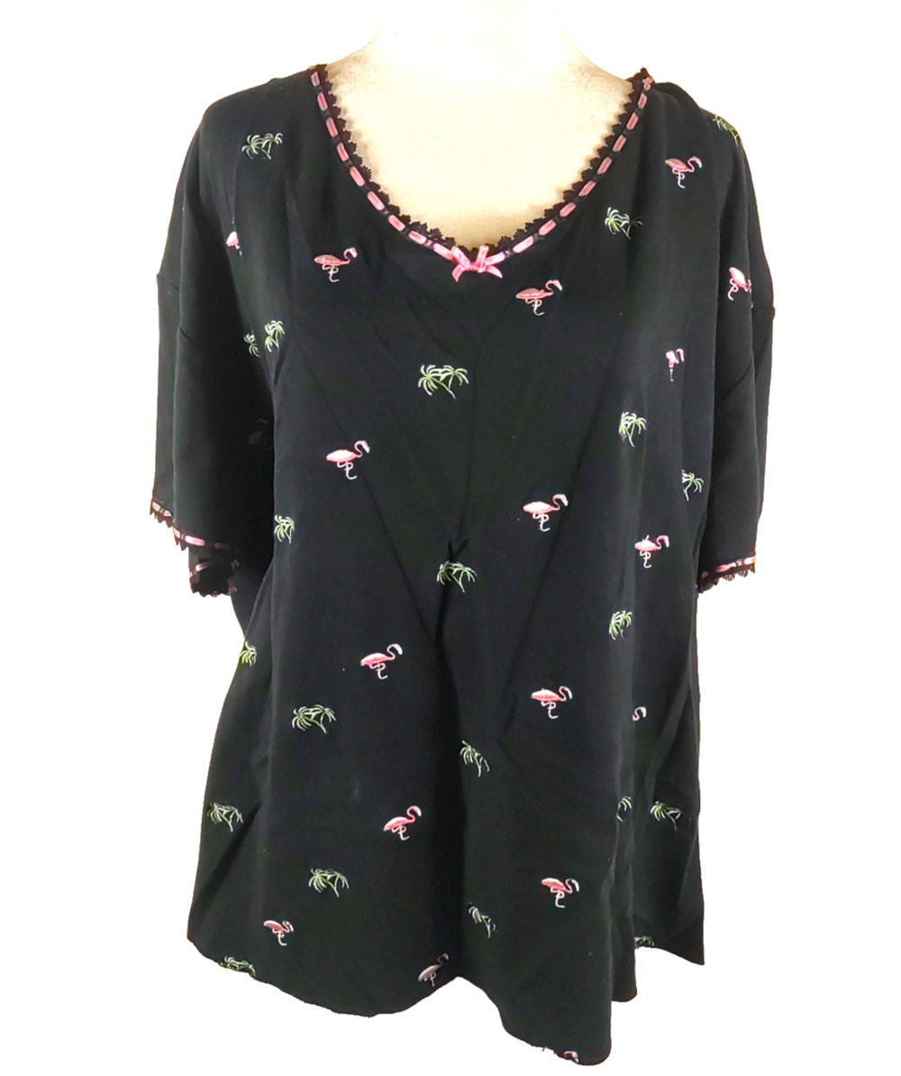 Dress Barn Women's Light T Shirt Size 1 X Black Pink Flamingos Palm Trees